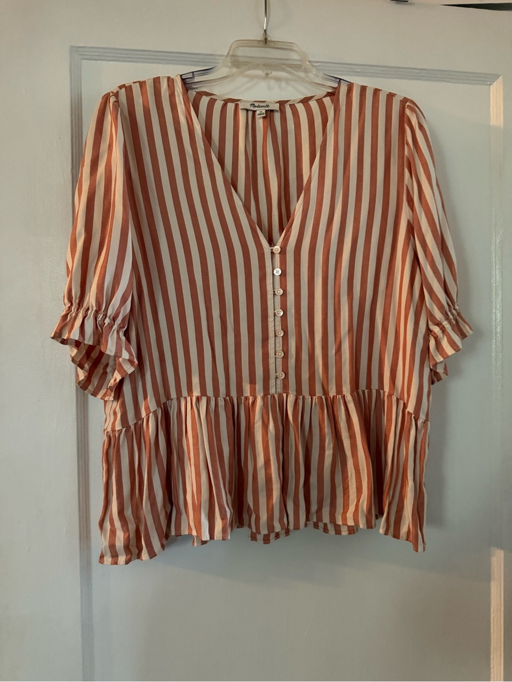 Madewell Striped V-Neck Button Front Peplum Blouse - Coral & White